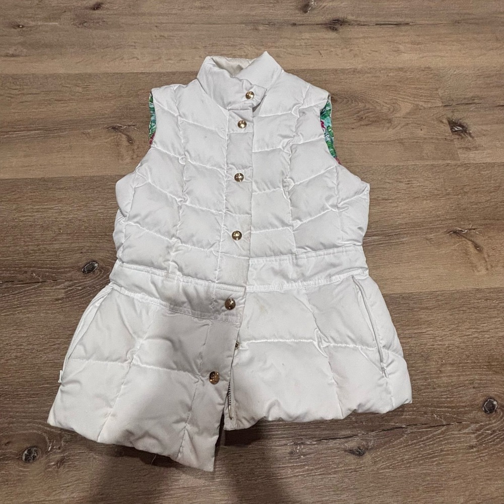 Lilly Pulitzer White Quilted Puffer Vest Peplum Floral Lining Gold Buttons Small